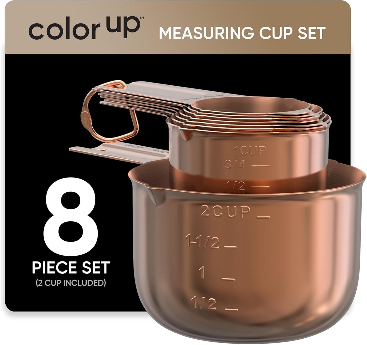 Color Up Measuring Cup Set, 8 Piece, Copper and Chrome Finish, Stainless Steel, Accurate for Wet & Dry Ingredients, Embossed Markings, Easy Pour Spouts, Dishwasher Safe, Kitchen Essential (Stainless)