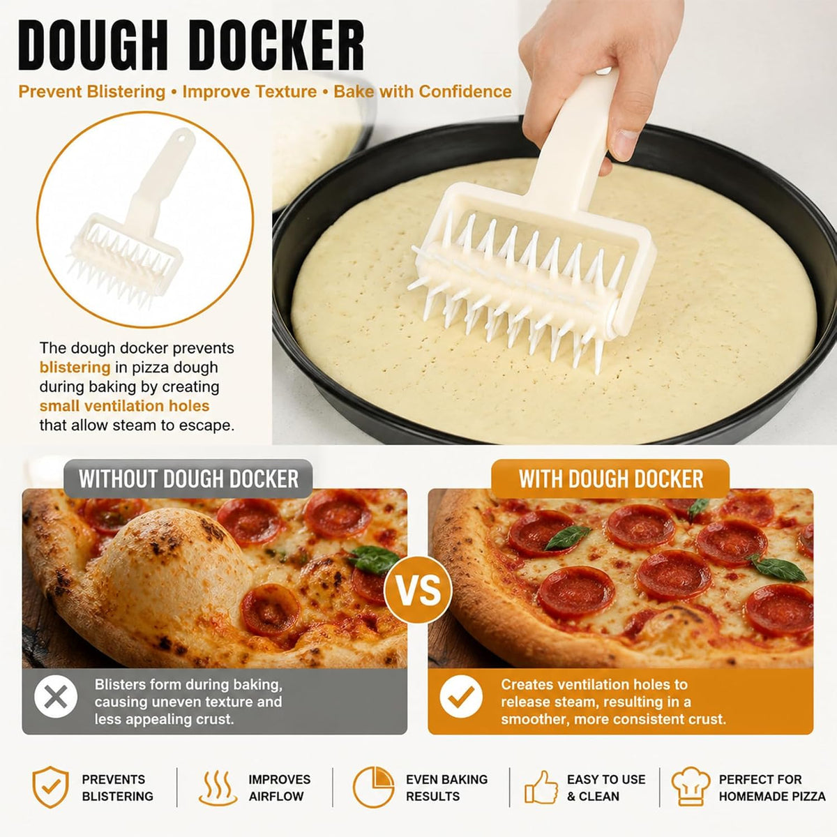 Pizza Dough Docker, Plastic Pastry Roller with Spikes, Docking Tool for Home and Kitchen