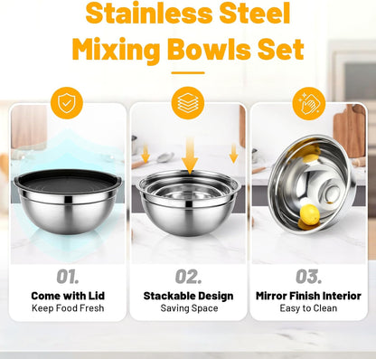 Beasea Stainless Steel Mixing Bowls, 5 Pack 1.5 QT Stackable Nesting Mixing Bowls with Airtight Lids, Metal Bowl with Lid for Baking, Meal Prepping, Salad, Serving, Food Storing