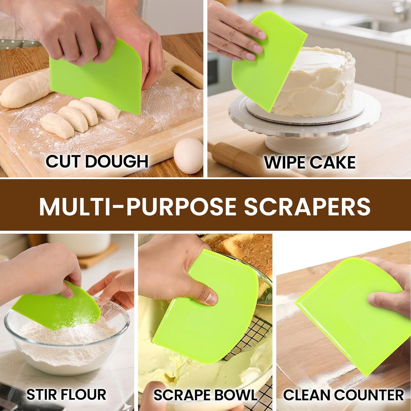 SCHVUBENR Dough Scraper Set with 2 Flexible Bowl Scrapers - Stainless Steel Dough Cutter & Bench Scraper with Measuring Scale - Versatile Kitchen Scraper for Bread, Pastry, Pizza, Cake - Black & Blue