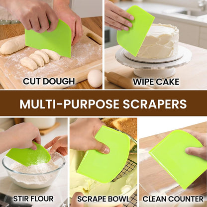 SCHVUBENR Dough Scraper Set with 2 Flexible Bowl Scrapers - Stainless Steel Dough Cutter & Bench Scraper with Measuring Scale - Versatile Kitchen Scraper for Bread, Pastry, Pizza, Cake - Black & Blue