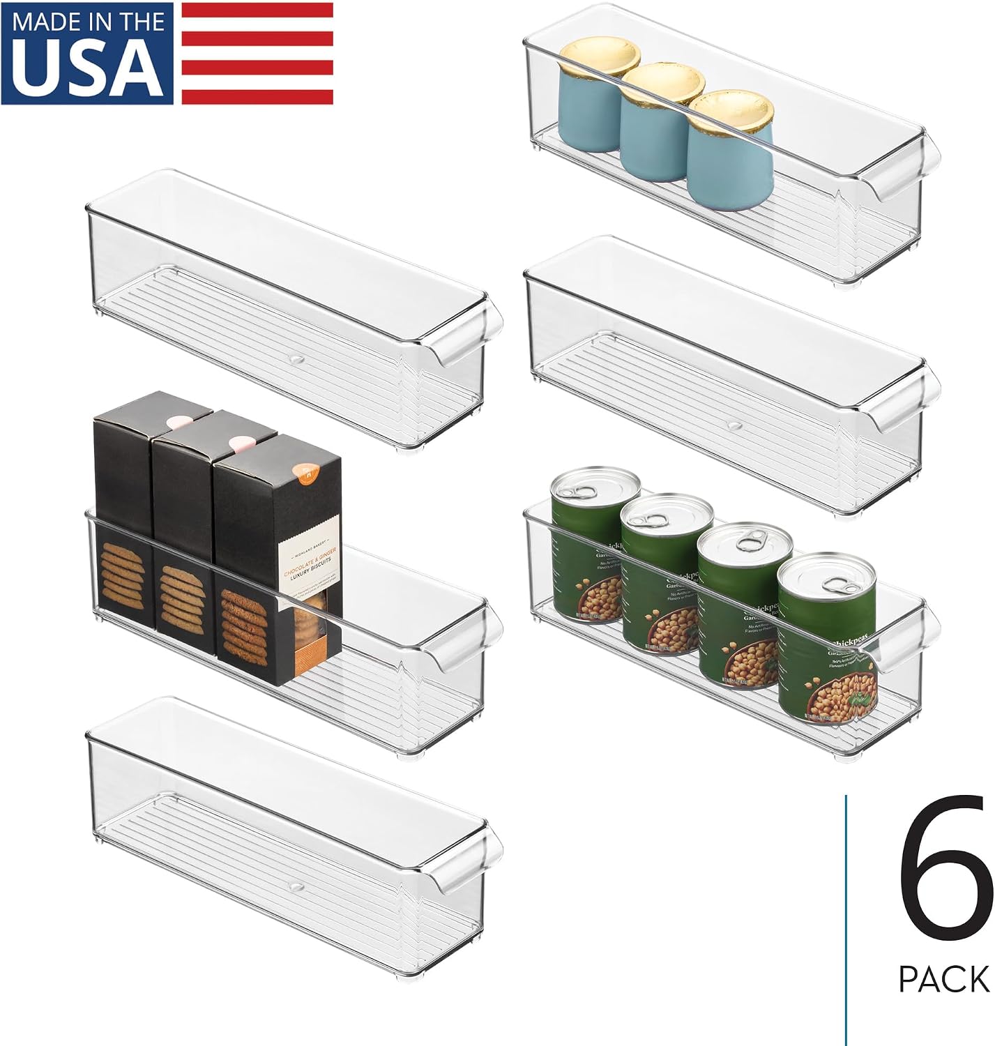 iDesign Stackable Fridge or Freezer Storage Bin with Front Handle, Set of 6, Clear, Made in the USA