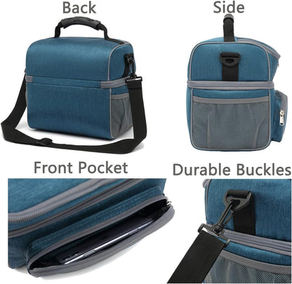 FlowFly Double Layer Cooler Insulated Lunch Bag Adult Lunch Box Large Tote Bag for Men, Women, With Adjustable Strap,Front Pocket and Dual Large Mesh Side Pockets