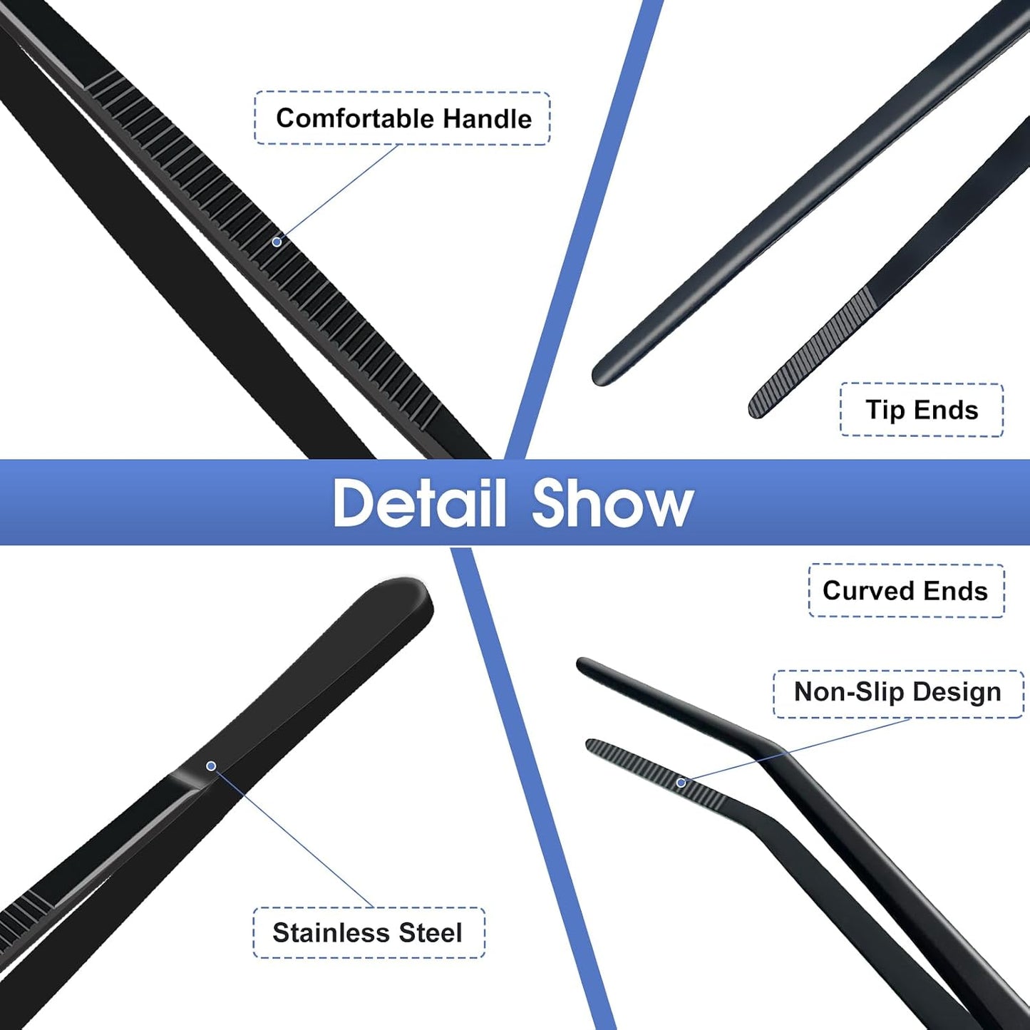 8-Inch Kitchen Tweezers Stainless Steel Culinary Plating Tweezer, Professional Chef Tweezer Food Tongs (Curved Head, Sliver)