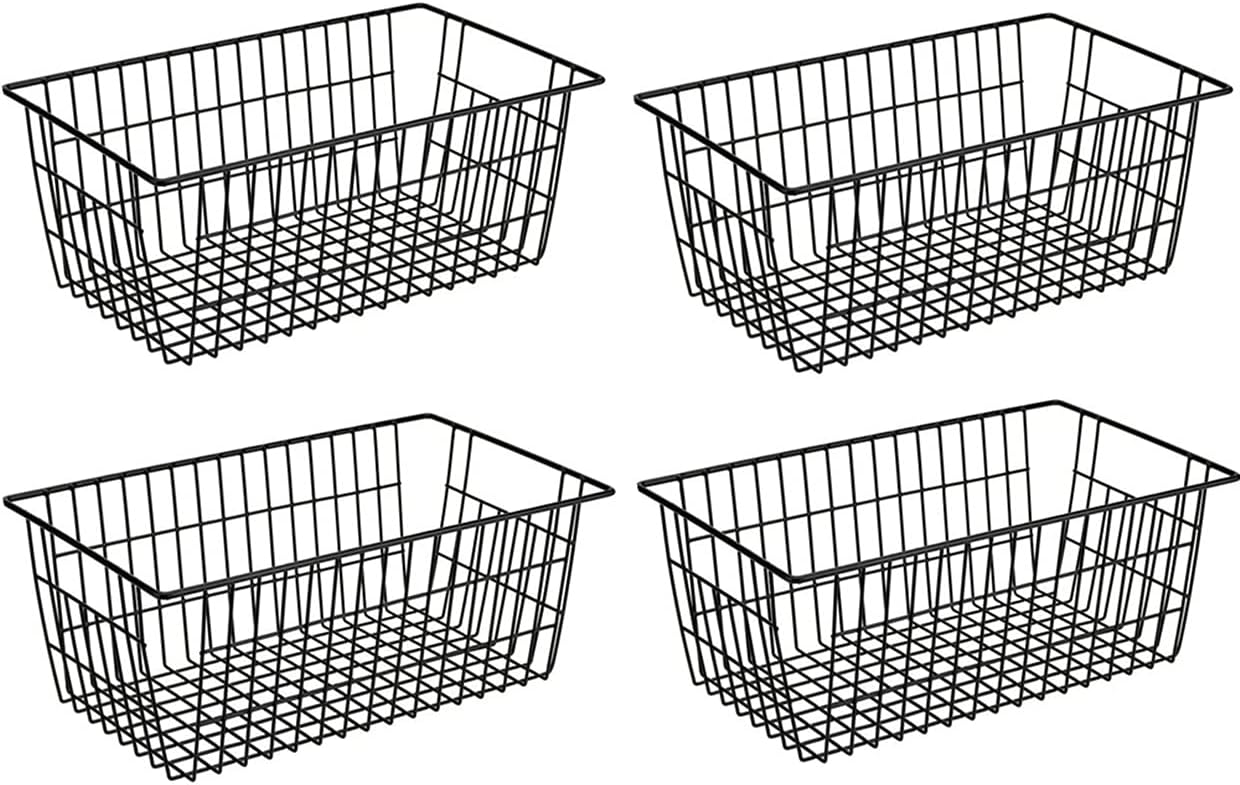 SANNO Freezer Baskets for Storage Pantry Large Metal Wire Food Storage Organizer Bin Basket with Handles - for Kitchen Cabinets, Pantry, Bathroom, Laundry Room, Closets, Garage - Chrome，2 pack