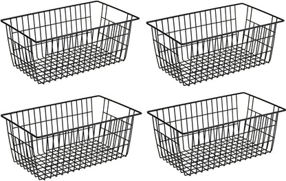 SANNO Freezer Baskets for Storage Pantry Large Metal Wire Food Storage Organizer Bin Basket with Handles - for Kitchen Cabinets, Pantry, Bathroom, Laundry Room, Closets, Garage - Chrome，2 pack