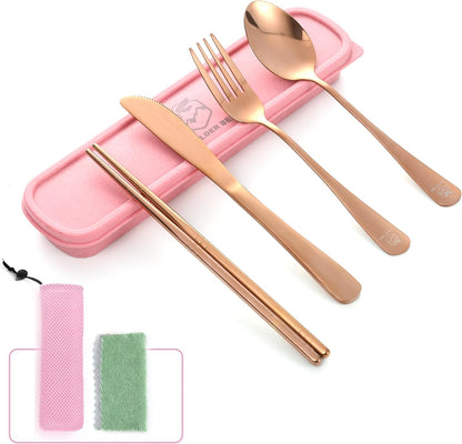 Boulder Bee | Travel Utensils Set | Reusable Camping Cutlery Set | Stainless Steel Flatware Set | Portable Silverware Set with Case | Includes Knife/Fork/Spoon/Straw/Cleaning Cloth/Case (Purple)