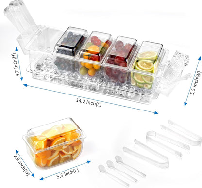 Ice Chilled Condiment Caddy Organizer with Detachable Ice Box & Side Bins, 5 Removable 2.5 Cup Containers with Lids, Clear Garnish Tray Server for Taco Bar, Mimosa, Fruit, Salad, Buffet (BPA-Free)
