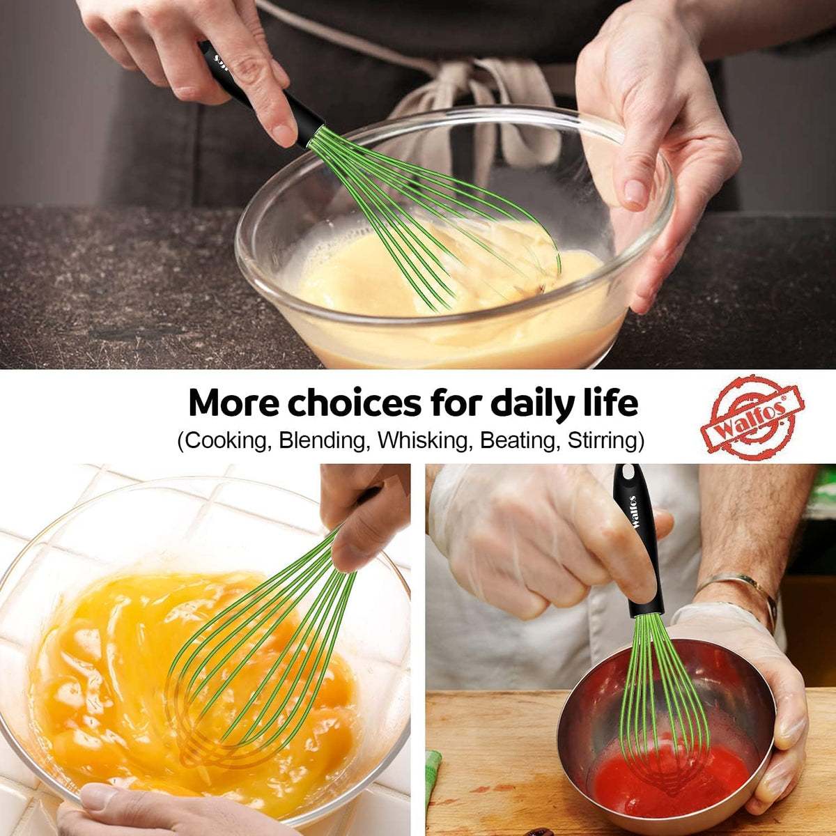 Walfos Silicone Whisk,Stainless Steel Wire Whisk -Heat Resistant 480°F Kitchen Whisks for Non-stick Cookware,Balloon Egg Beater Perfect for Blending,Whisking,Beating,Frothing & Stirring,Black