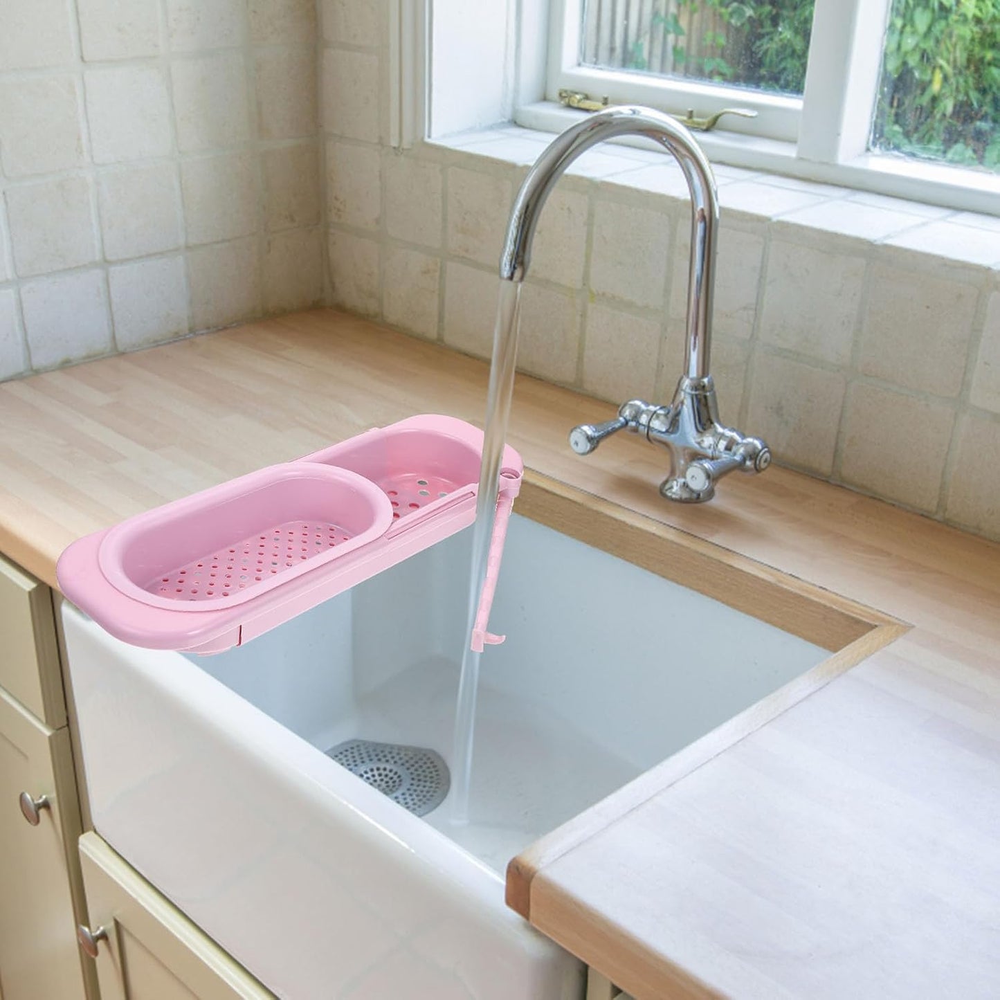 GALPADA Expandable over Sink Colander Strainer Basket, Pink Kitchen Sink Basket with Fine Mesh, Multifunctional Vegetable Washing and Dish Dry Rack for Food Drainage and Storage