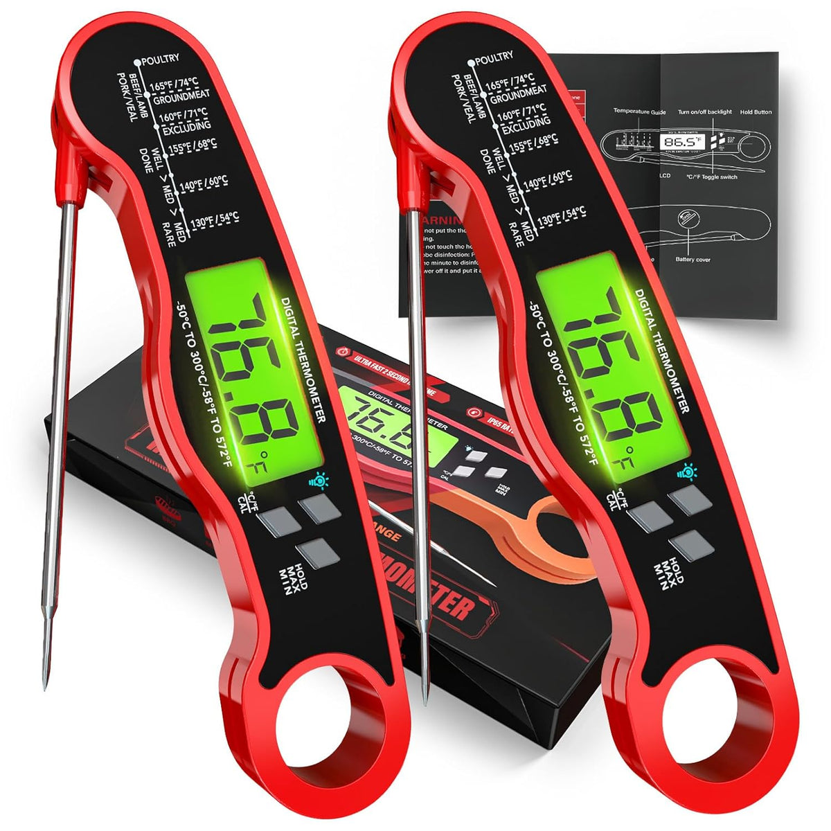 AWLKIM Meat Thermometer Digital, Instant Read Food Thermometer, Red