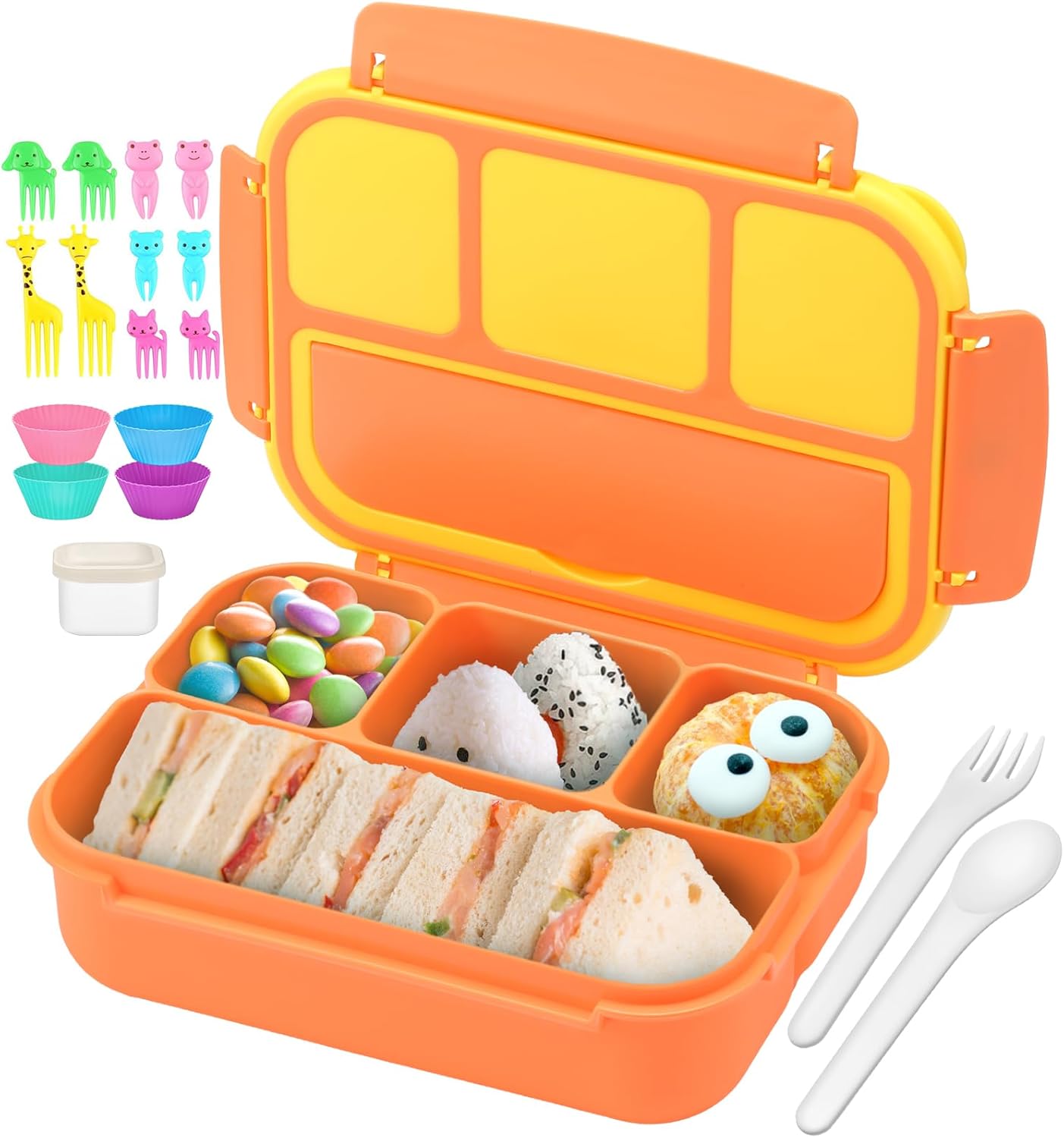 QQKO Bento Lunch Box for Kids Girls Boys, Toddler Kids Lunch Boxes for School, Lunch Containers for Adults with 4 Compartments, Sauce Container, Utensils, Food Picks and Muffin Cups, Purple