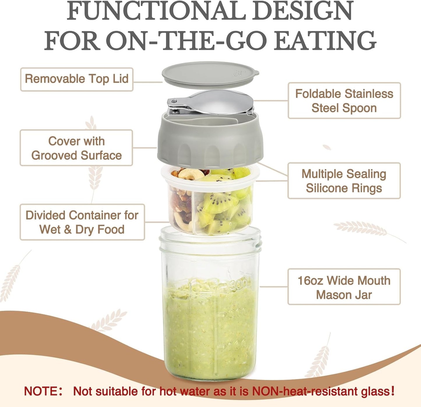 SOLIGT 4 Pack Overnight Oats Containers with Lids, Folding Spoons and Divided Compartments for Fruit & Nuts, Small Glass 16oz Mason Jars for Oatmeal (4 Set-Oat White/Green/Rose/Blue)