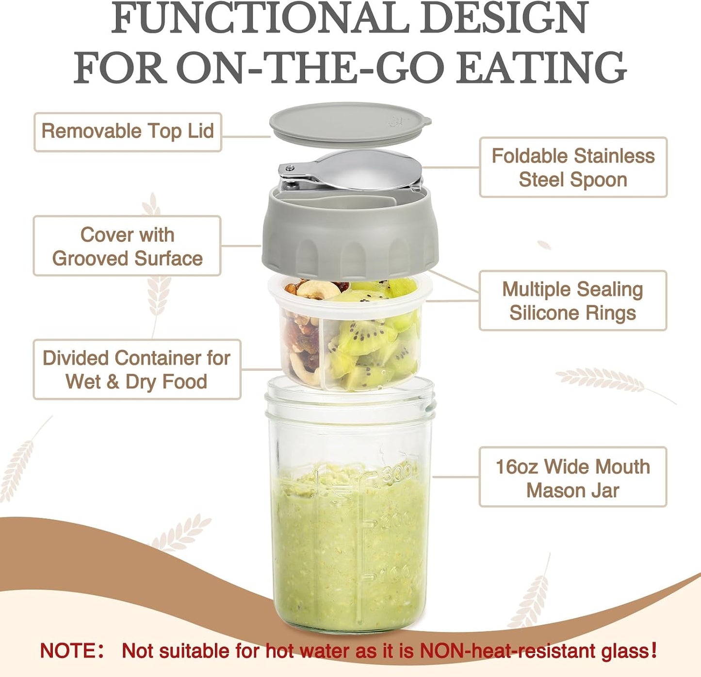 SOLIGT 4 Pack Overnight Oats Containers with Lids, Folding Spoons and Divided Compartments for Fruit & Nuts, Small Glass 16oz Mason Jars for Oatmeal (4 Set-Oat White/Green/Rose/Blue)