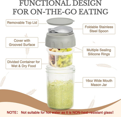 SOLIGT 4 Pack Overnight Oats Containers with Lids, Folding Spoons and Divided Compartments for Fruit & Nuts, Small Glass 16oz Mason Jars for Oatmeal (4 Set-Oat White/Green/Rose/Blue)