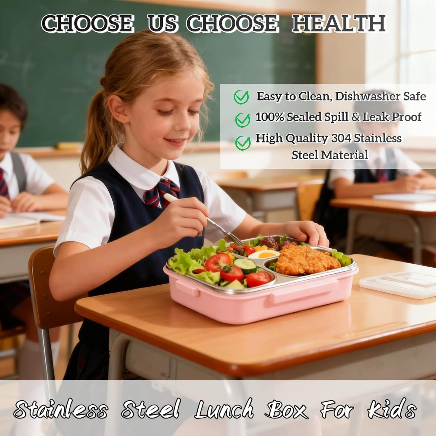 Stainless Steel Bento Box for Kids, 3-Compartment Leakproof Lunch Box with Lid, Toddler Food Container for School, Microwave Safe, Dishwasher Safe, BPA Free, 25oz(green)