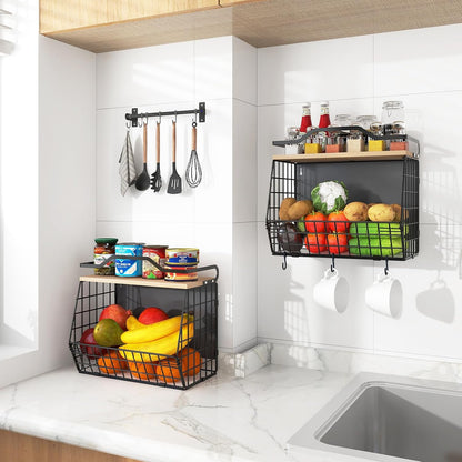 White Fruit Bowl Wire Basket Storage Pantry Fruit and Vegetable Storage Fruit Basket for Kitchen Counter Stackable Wall Mounted Hanging Basket Wire Basket with Wood Lid with Hanger Hooks