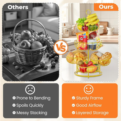PouHenier.jh 3 Tier Rotating Fruit Basket Bowl, Kitchen Counter Wire Produce Organizer Holder, Stable Vegetable Storage Stand with 2 Banana Hangers, Countertop Tiered Veggie Rack, Easy Setup, Black