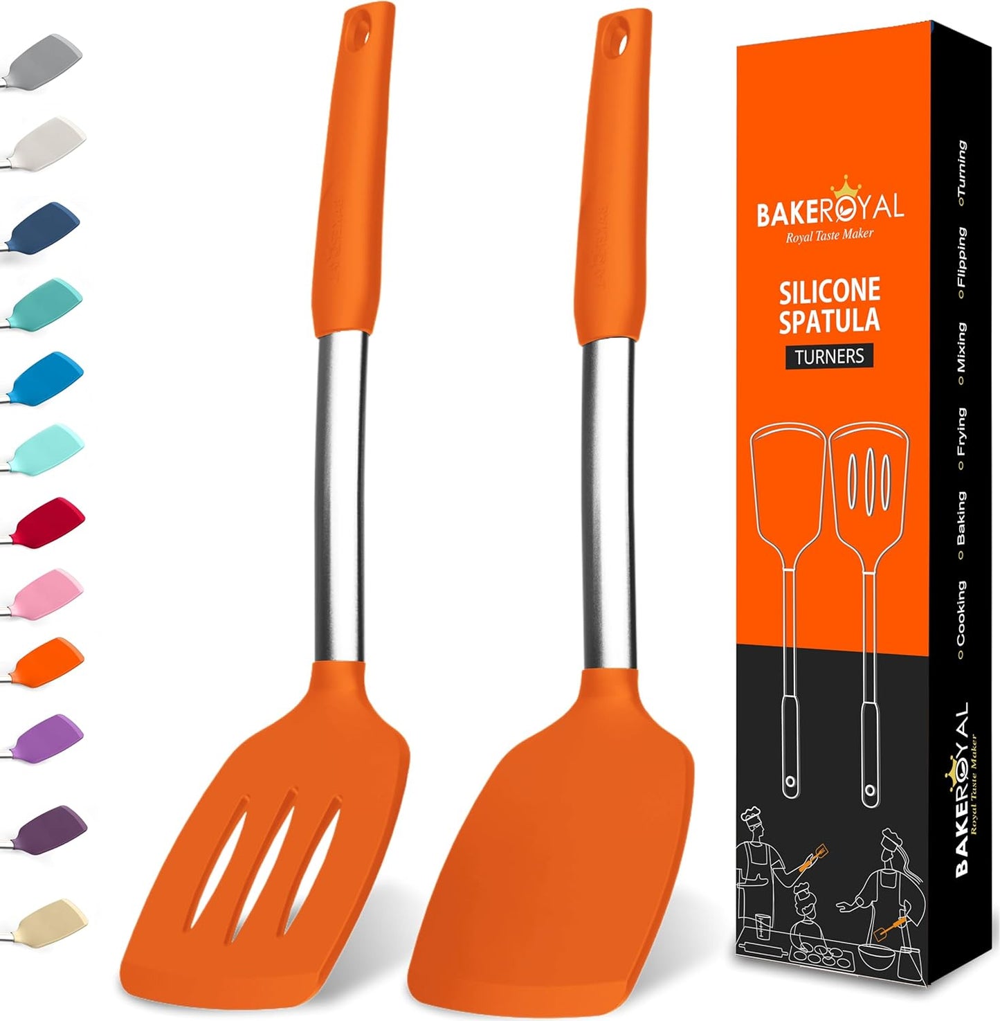 BakeRoyal Silicone Spatula Set - Turner Spatulas Silicone Heat Resistant 600°F - Slotted & Solid Spatula for Cooking Fish, Eggs, Pancakes Flipper – Spatulas for kitchen use – Black