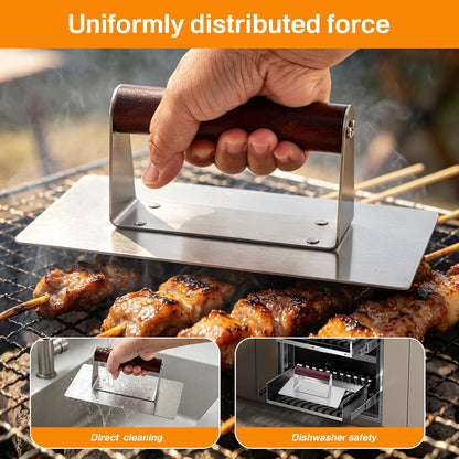 Stainless Steel Bacon Press with Heat Resistant Wood Handle, Heavy Duty Flat Meat Press for Griddle, Grill, Skillet, Prevent Bacon Curling, Perfect for Smash Burger, Sausage, Steak, Panini,8x4.2 inch