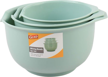 Glad Mixing Bowls with Pour Spout, Set of 4 - Nesting Plastic Bowls (1.2qt, 1.9qt, 2.8qt, and 3qt with Handle) - Non Slip Base, Dishwasher Safe Kitchen Cooking and Baking Supplies, Green
