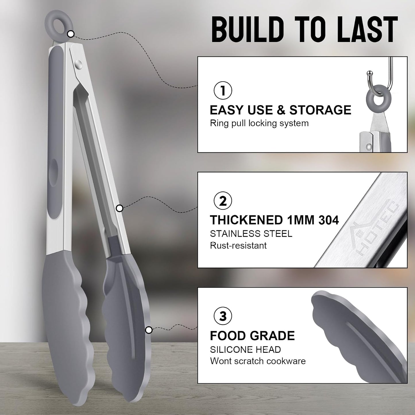 HOTEC Premium Stainless Steel Locking Kitchen Tongs with Silicon Tips, Set of 2-9" and 12"