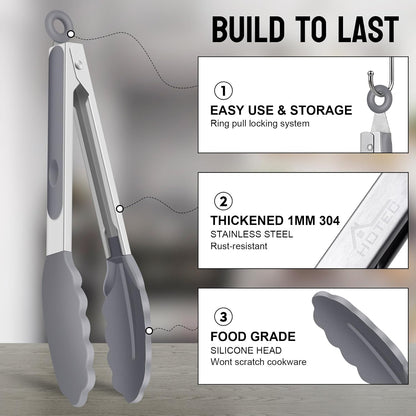 HOTEC Premium Stainless Steel Locking Kitchen Tongs with Silicon Tips, Set of 2-9" and 12"