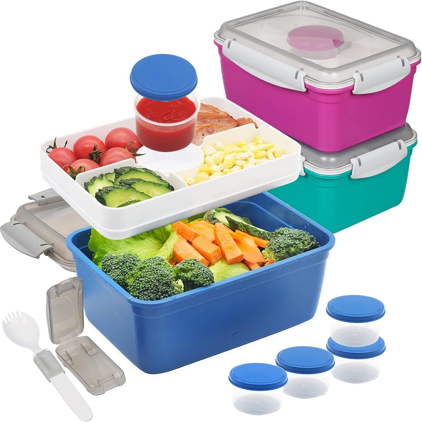 3 Pack Salad Lunch Box Food Storage Containers, 47oz Bento Box To Go Container with Lids, Reusable Meal Prep Containers with Removable Tray & Dressing Pots for Kids and Adults, Microwave Safe