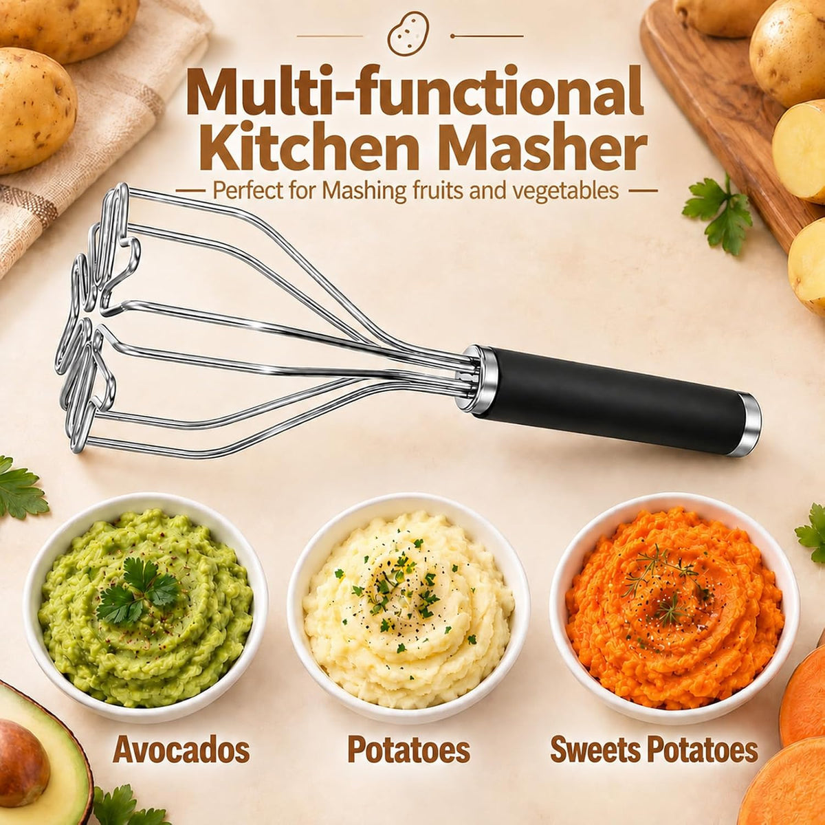 Stainless Steel Potato Masher Kitchen Tools for Potatoes, Veggies, Eggs