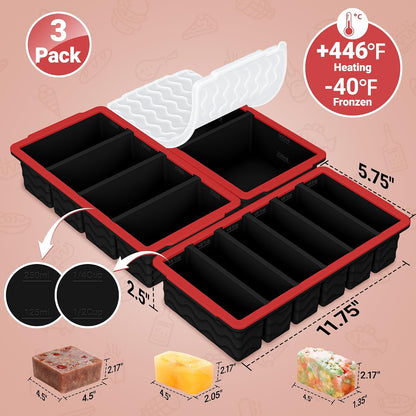 3-Pack Silicone Freezer Trays with Lid,2 Large 2-Cup(500ml)&4 Medium 1-Cup(250ml)&6 Small 1/2-Cup(125ml) Soup Freezer Container Molds,Ice Cube Tray For Meal Prep&Freezing Soup,Stews,Sauces