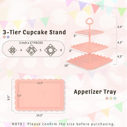 NWK 5 Piece Cake Stand Set with 2 x Large 3-Tier Cupcake Stands, 3 x Appetizer Trays, for Wedding Birthday Baby Shower Tea Party Decorations (Pink)
