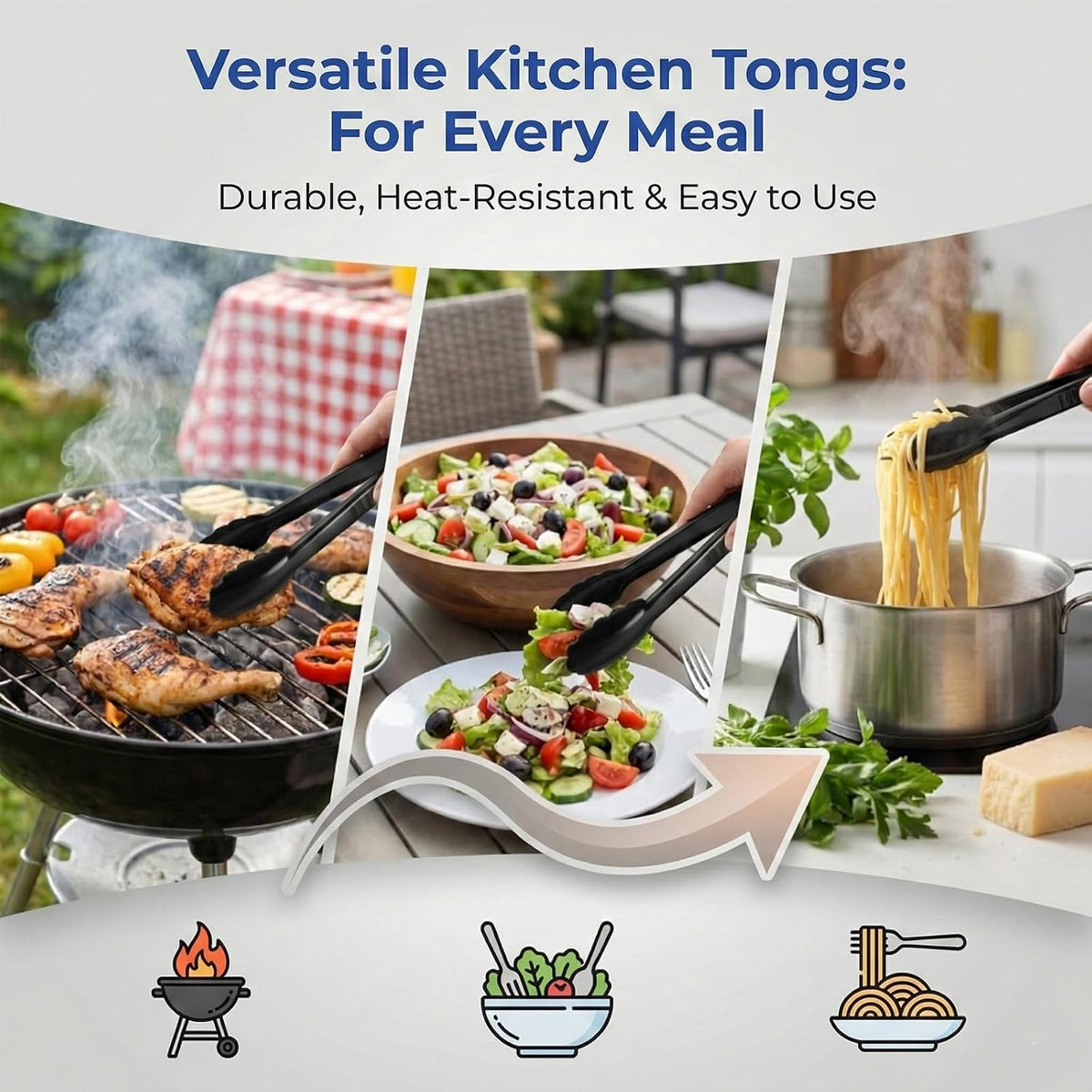 Plastic Serving Tongs, Black Disposable Kitchen Salad Tongs