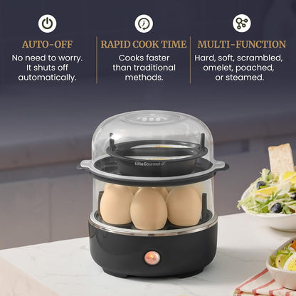 Elite Gourmet 14-Egg Two-Tier Egg Cooker, Steel Plate, Auto Shut-Off