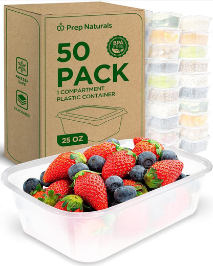 Prep Naturals 50 Pack Meal Prep Containers Reusable | BPA-Free Meal Prep Containers - Airtight Lids, Microwave, Freezer & Dishwasher Safe (50-Pack, 25 oz)