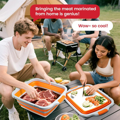 BBQ Prep Tub 3-IN-1 Large 16L Collapsible Cutting Board with Locking Lid for Meal Prep Marinating Food, Camping Sink with Colander, Dish Basin, Storage Blanket for Camping Picnic BBQ, Black