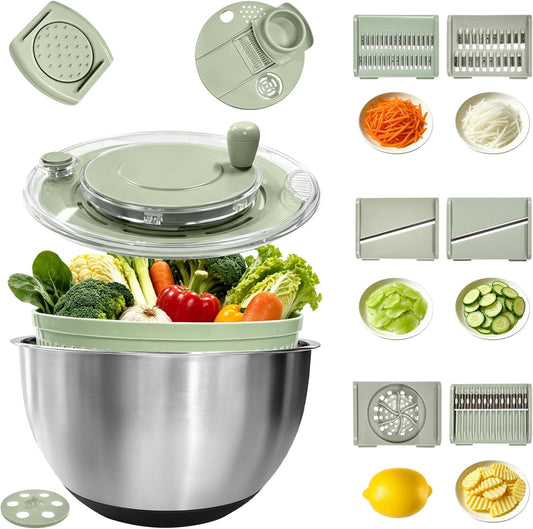Stainless Steel Salad Spinner Large with 5 Blades Slicer, Vegetable Dryer, Non-Slip Base, Stop Button, Vegetable Fruits Chopper Bowl 5L Capacity with Egg Yolk Strainer