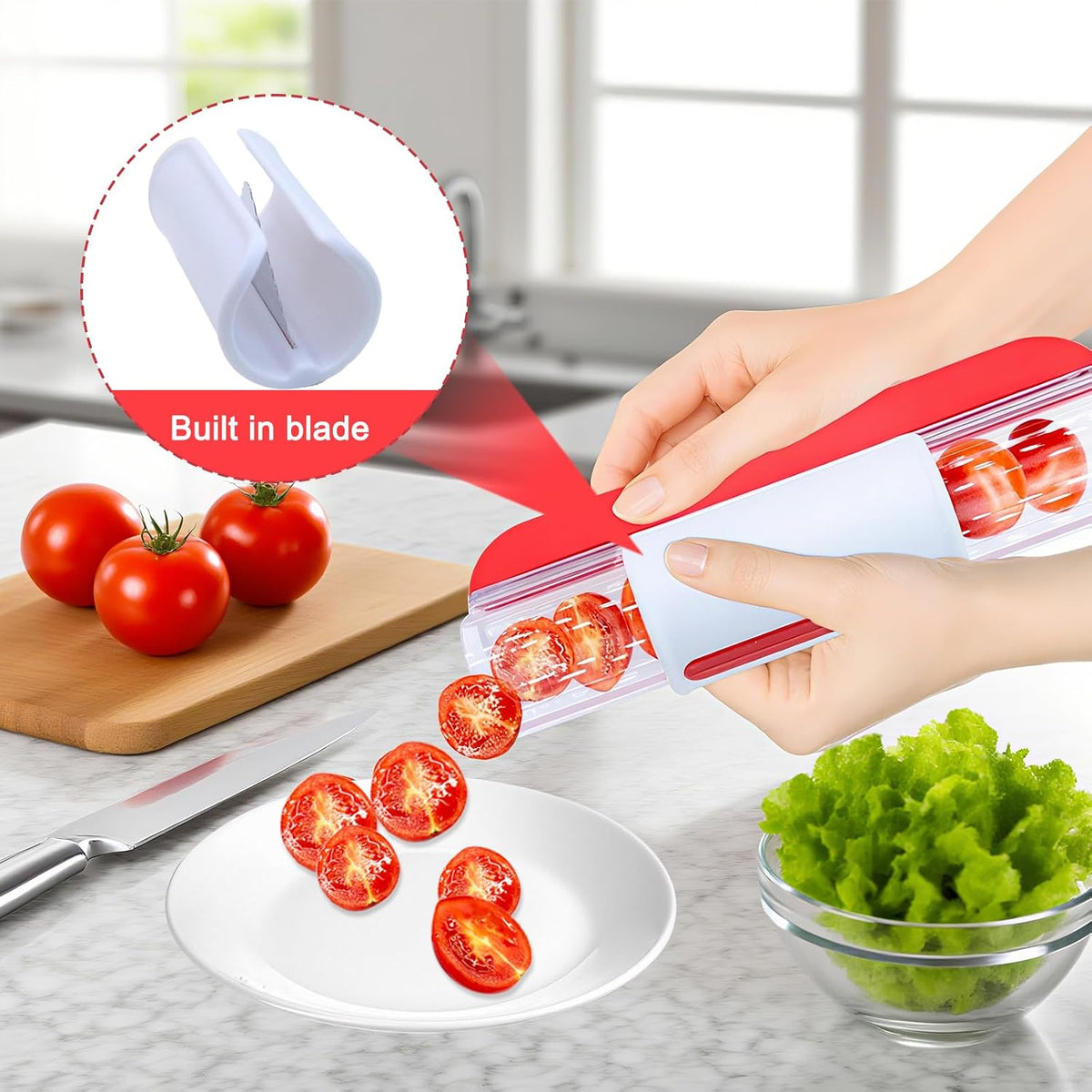 Tomato Slicer, Multi-Purpose Grape Slicer Kitchen Gadget, Tomato, Cherry, Fruit Cutter Fruit Tools into 2 Pieces (Red)