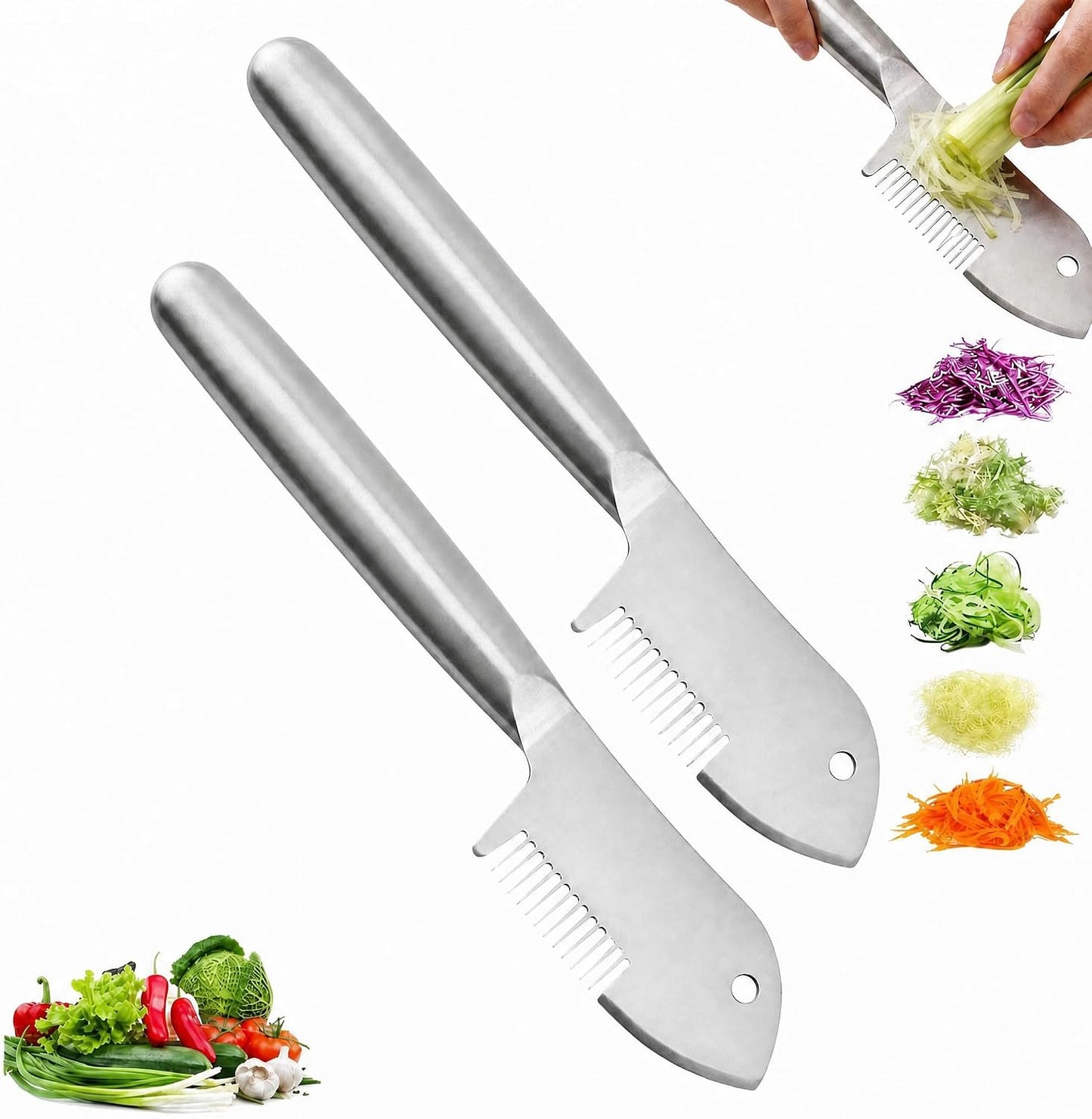 Stainless Steel Multi-Purpose Julienne Peeler, handheld peeler shredder, quick vegetable slicer for kitchen. Comfortable handle and hanging holes, suitable for fruits, vegetables, and herbs. (1)