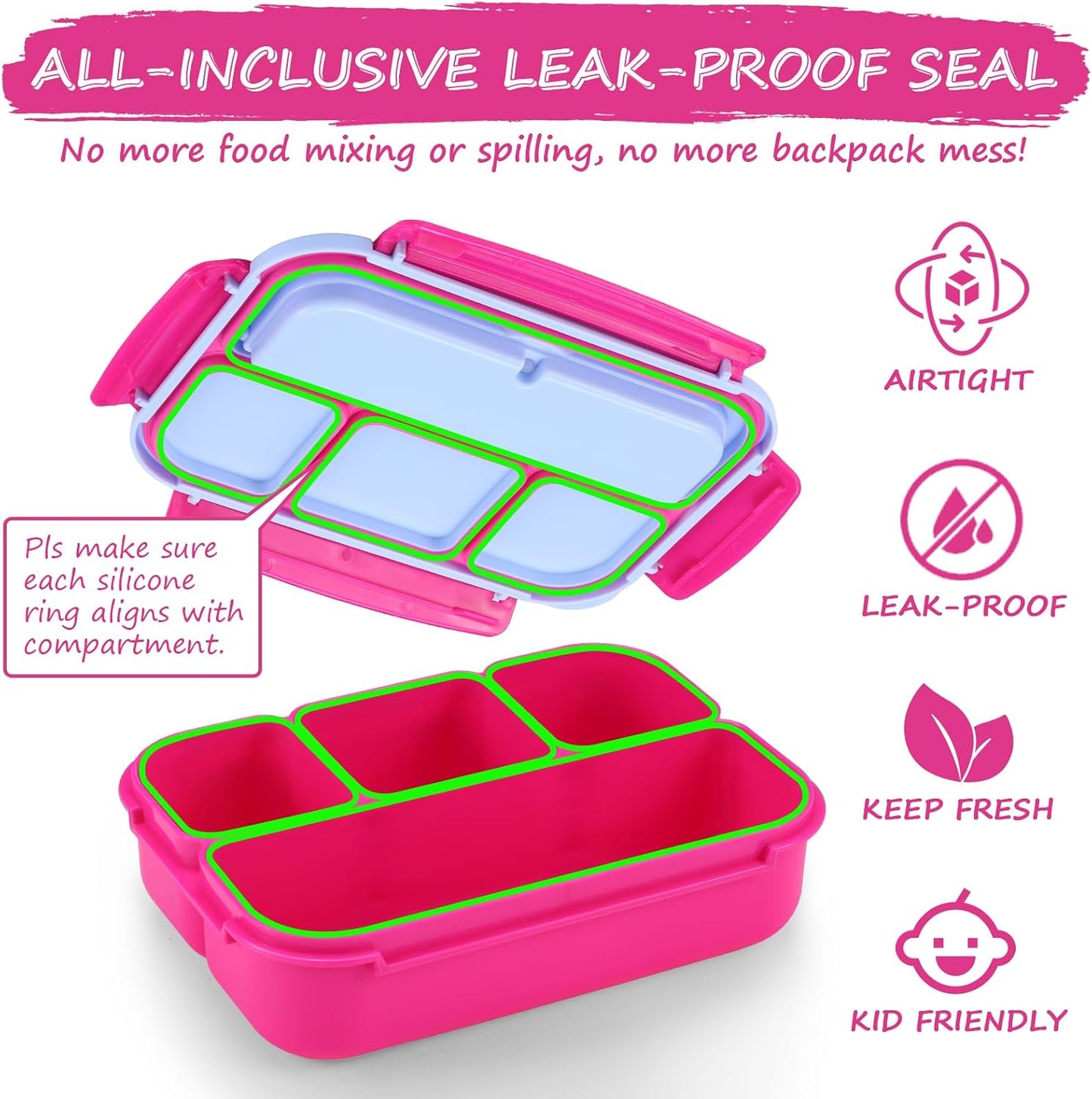 QQKO Bento Lunch Box for Kids Girls Boys, Toddler Kids Lunch Boxes for School, Lunch Containers for Adults with 4 Compartments, Sauce Container, Utensils, Food Picks and Muffin Cups, Purple