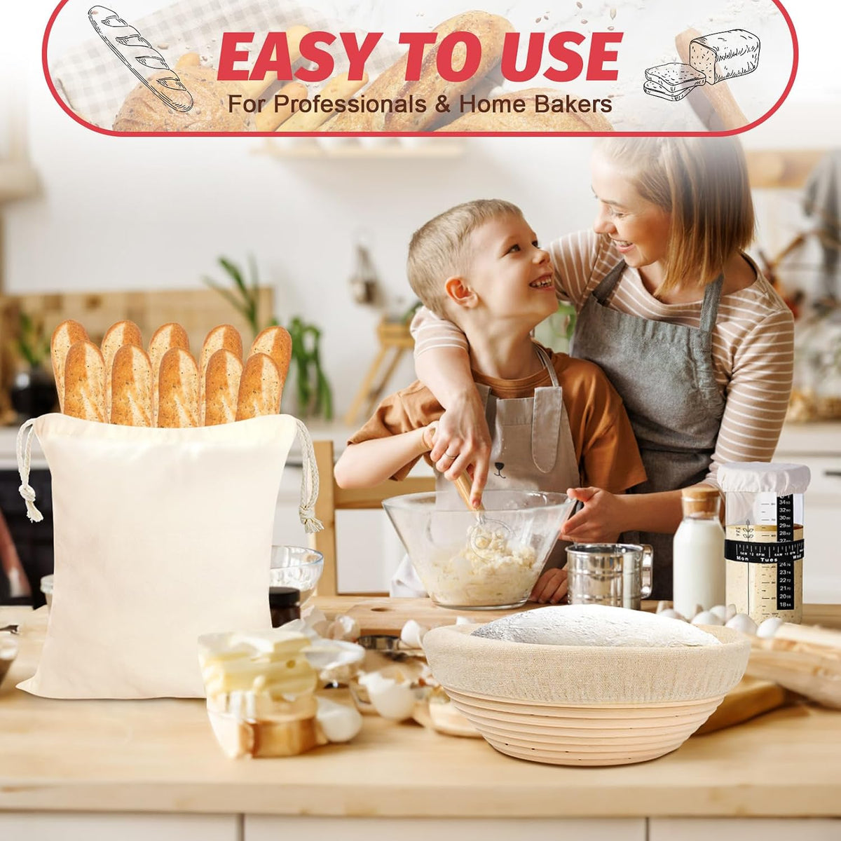 Sourdough Proofing Basket Gift Set, 9" Round and 10" Oval Banneton Bread Baking Supplies, Sourdough Baskets with Bread Lame, Danish Whish, Bowl Scraper, Sourdough Scraper, and Linen Liner