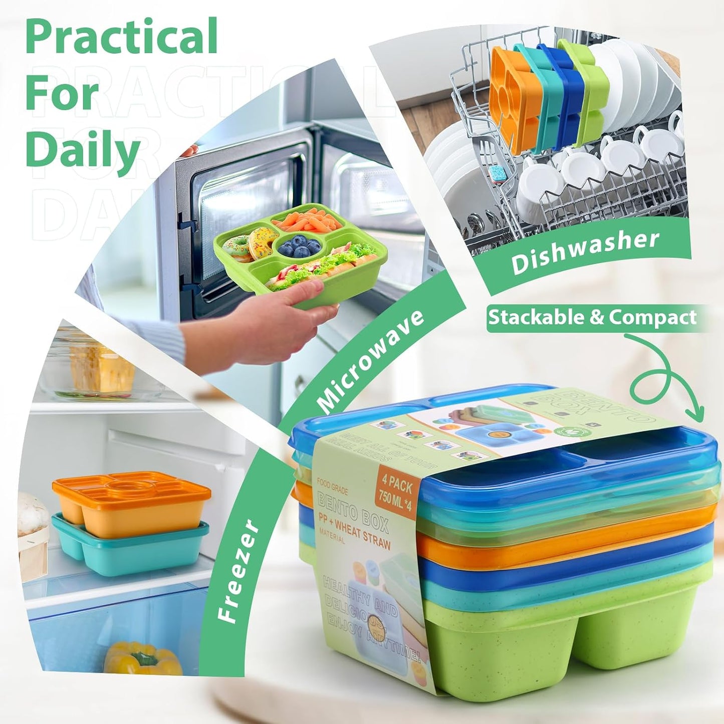 Bento Snack Box Containers for Adults Kids, 4 Pack Lunchable Meal Prep Containers Reusable, Stackable Bento Lunch Box, Food Storage Prep Containers with Lids and 4 Sauce Cups, Pastel Color, Clear Lid