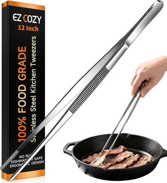 Kitchen Tweezers 2PC Cooking Tongs Set, Stainless Steel Food-Grade 12" Long Tweezers, Pointed & Rounded Tip Metal Tongs for Cooking, Kitchen Gadgets for Grilling, BBQ, Pasta, Food Serving
