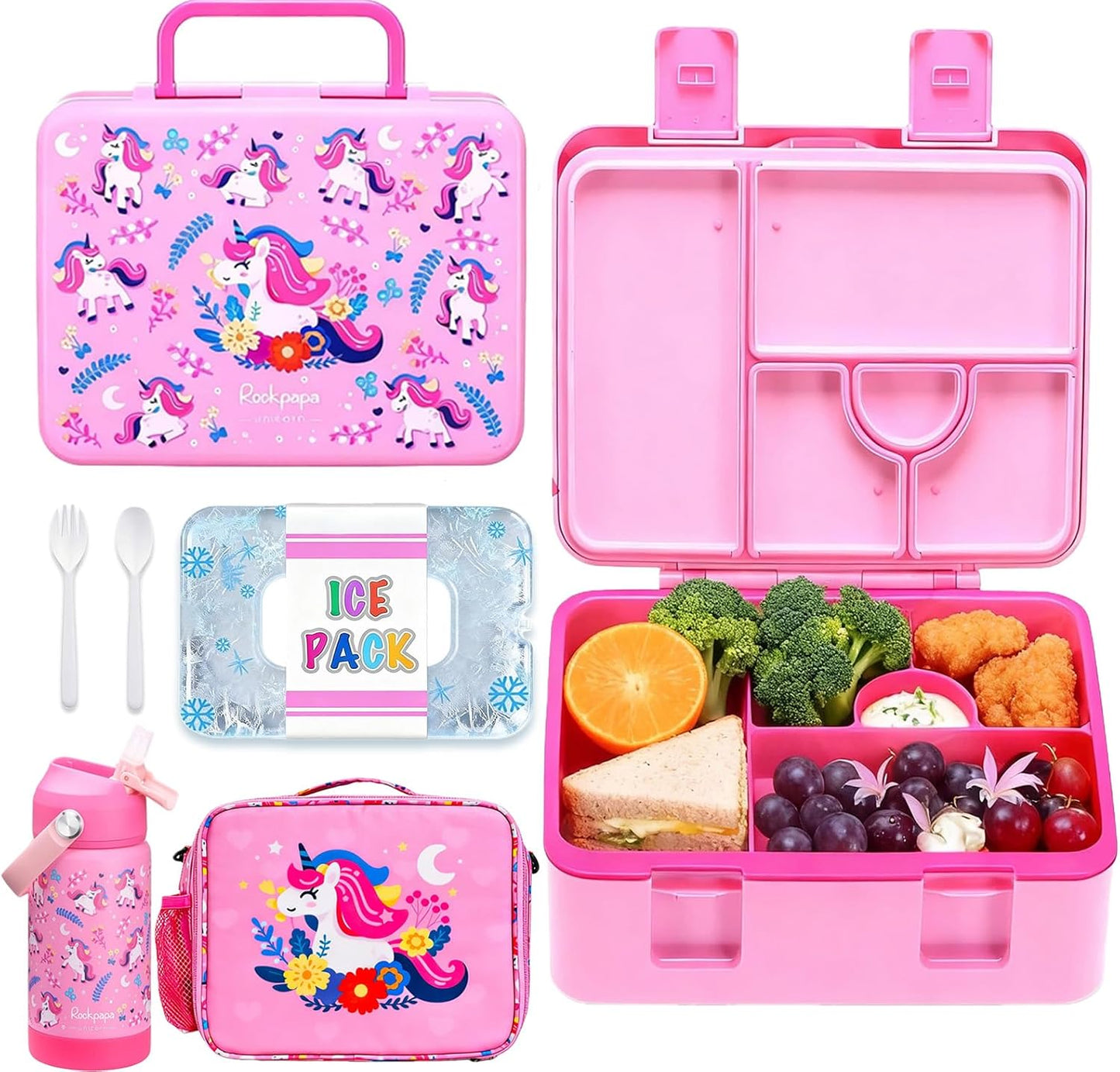 rockpapa Chill Kids Lunch Box Set with Leakproof 5.5 Cups Bento Box, Reusable Ice Pack, 14oz Insulated Water Bottle & Lunch Bag, BPA-Free Microwave Safe for School Boys Girls (Black Games)
