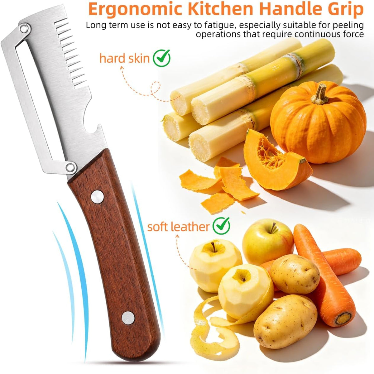 2pcs Vegetable Peeler Set - 2-in-1 Fruit and Potato Peeler with Bottle Opener, Stainless Steel Blade and Wooden Handle, for Food Prep - 7.48X1.50X0.67
