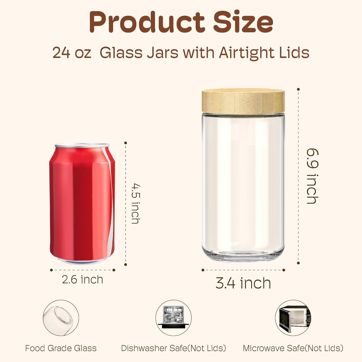 6 Pack 16oz Overnight Oats Containers with Bamboo Lids, Glass Jars with Airtight Lids for Meal Prep, Wide Mouth Mason Salad Jars, Glass Food Storage Container for Yogurt Chia Snacks Spice Sugar