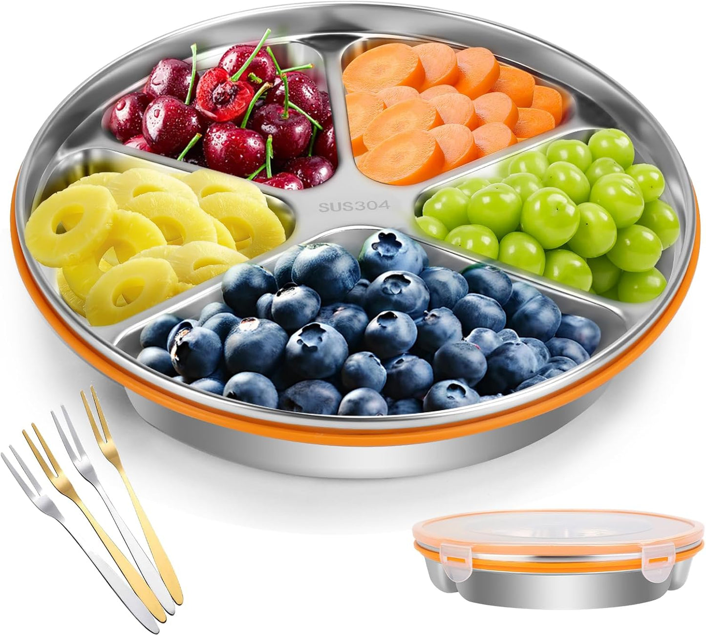 Divided Serving Tray with Lid SUS 304 Snackle Box Reusable Veggie Tray Serving Plate with 4 Forks Stainless Steel Snack Platter for Picnic Party and Travel 5 Compartments