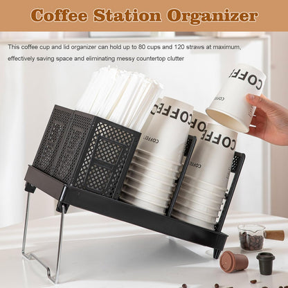 Cup and Lid Holder with Straw Organizer, 8-20oz Paper Cup Dispenser Unbreakable 2-in-1 Adjustable Disposable Paper Cup Holder for Countertop Coffee Station Home Office Bar