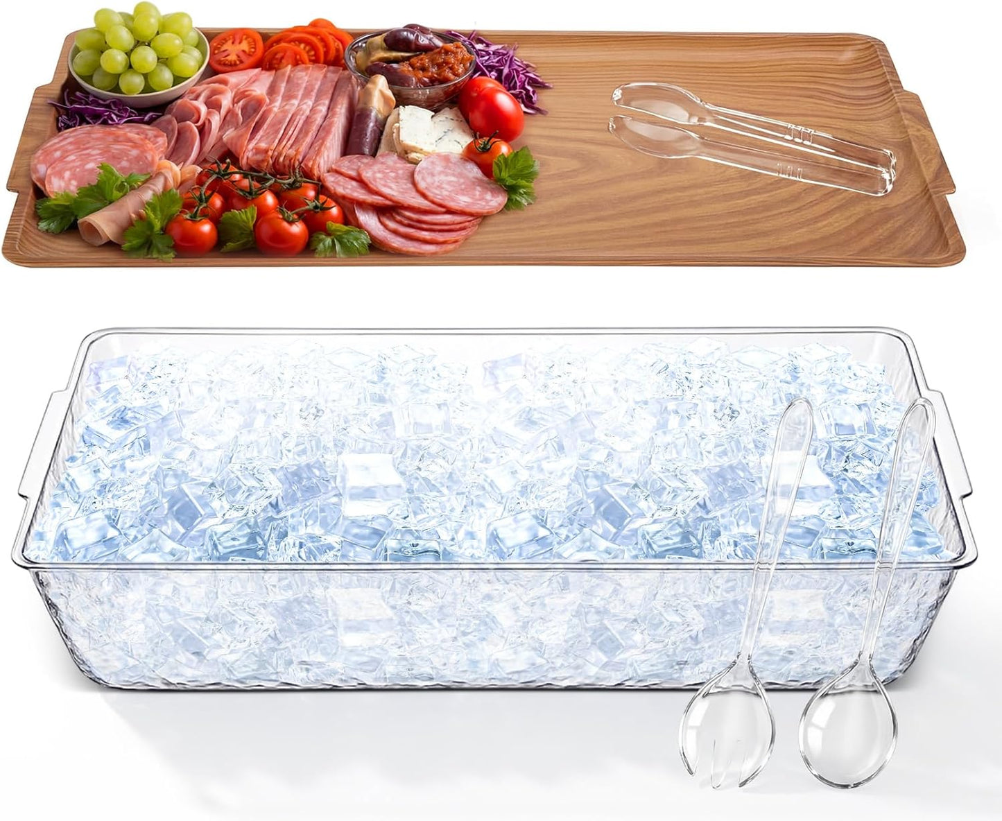Baderke 16" x 9" Chilled Serving Tray for Parties with Compartments Ice Chilled Party Crudite Platter Charcuterie Serving Board Cold Dish Dip with Tableware for Seafood Vegetable(Silver Glitter)