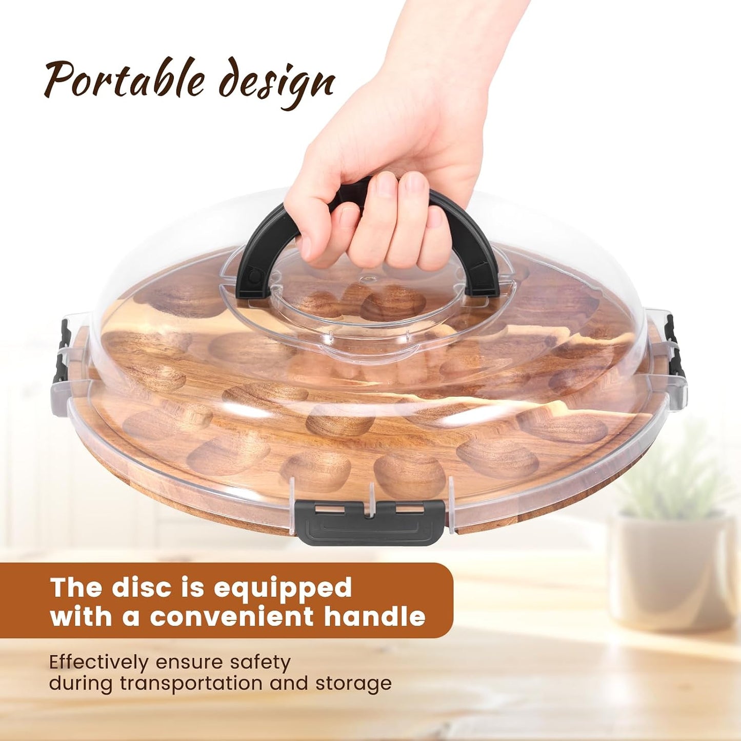Deviled Egg Container with Lid, 2026 Upgraded Wooden Deviled Egg Platter Carrier Holder Trays with 24 Slots for Party and Home Kitchen Countertop Clear Lid Dishwasher Safe
