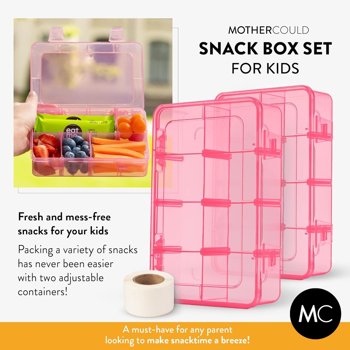 Large Kids Snack Box Containers Set of 2 -100 Labels, BPA-Free, Adjustable Compartments, Dishwasher Safe, Reusable Tray, Food Grade, Meal Prep Container, PARENT TESTED PARENT APPROVED AWARD (Clear)
